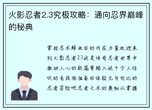 火影忍者2.3究极攻略：通向忍界巅峰的秘典
